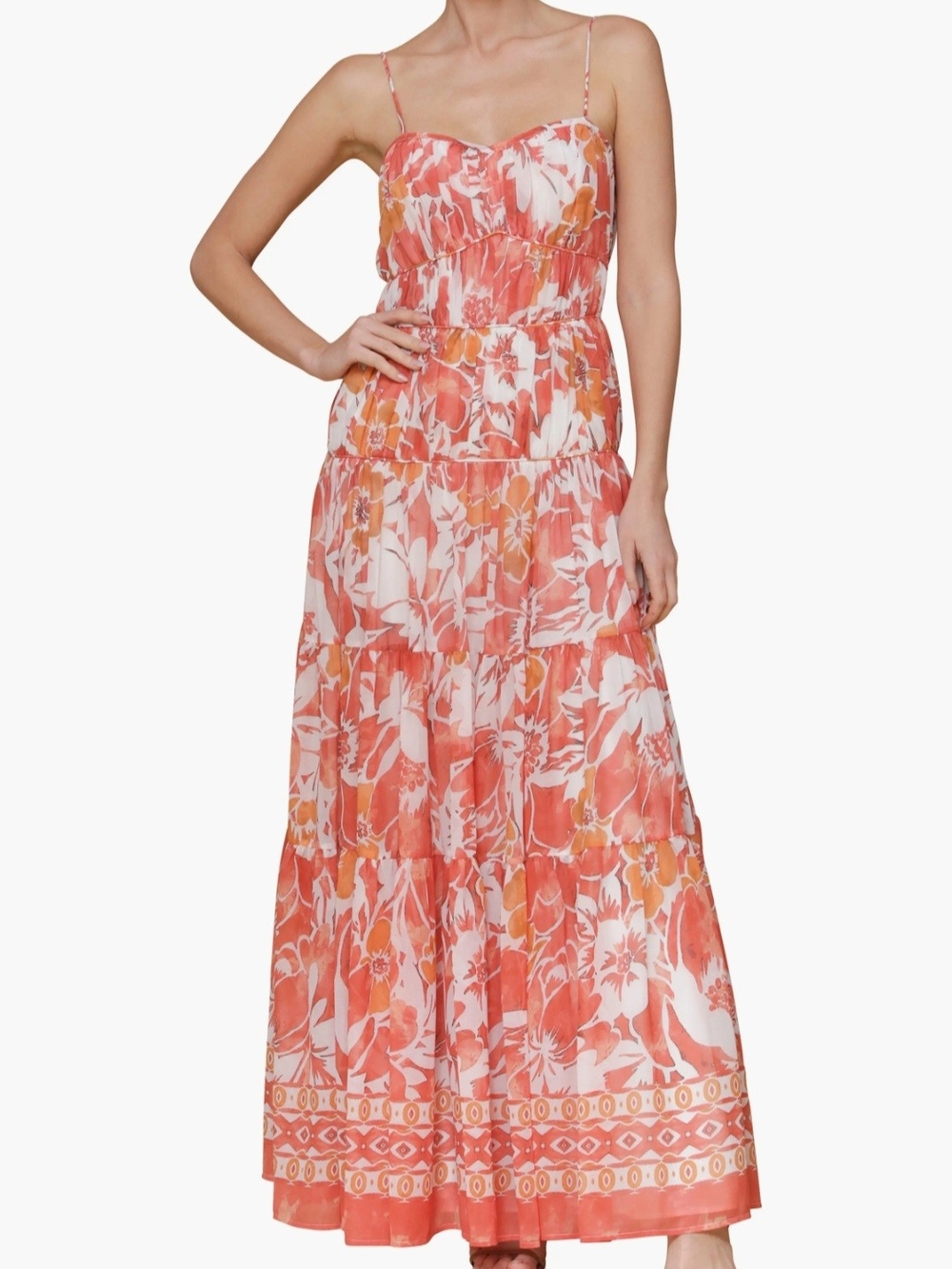 Avec Les Filles Coral and White Floral Tiered Maxi Dress
